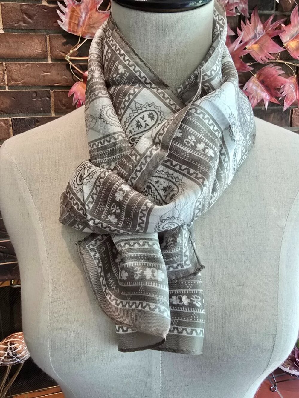 Elaine Gold - Vintage Silk Scarf in Taupe & Cream Paisley Print, Made in Korea